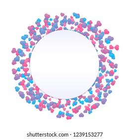 Happy Valentine Day background. Vector beautiful and romantic round wreath made of little colorful heart shapes in pink, blue and violet colors isolated on white background with copy space.