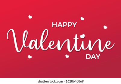 Happy Valentine Day banner with hearts and handwritten calligraphy isolated on gradient red background