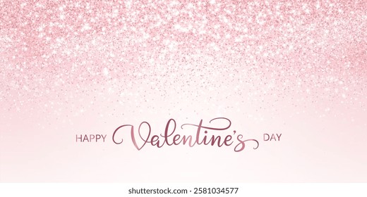 Happy Valentine day banner. Pink glitter lights background. Hand written calligraphy. Sparkling glittering rain effect. Luxury shiny backdrop. Vector.