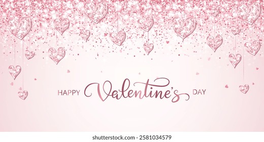 Happy Valentine day banner. Pink glitter hearts decoration. Hand written calligraphy. Sparkling glittering rain effect. Romantic shiny background. Vector.