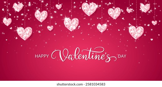 Happy Valentine day banner. Pink glitter hearts decoration on red. Hand written calligraphy. Sparkling glittering garland, frame. Romantic shiny background. Vector.