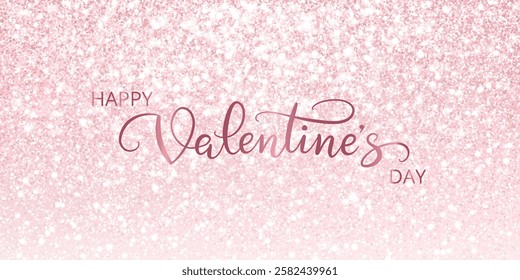 Happy Valentine day banner. Pink glitter lights background. Hand written calligraphy. Sparkling glittering rain effect. Luxury shiny backdrop. Vector.