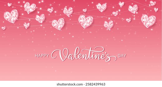 Happy Valentine day banner. Pink glitter hearts decoration. Hand written calligraphy. Sparkling glittering garland, frame. Romantic shiny background. Vector.