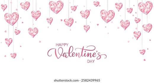 Happy Valentine day banner. Pink glitter hearts decoration on white. Hand written calligraphy. Romantic shiny background. Vector.