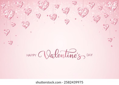 Happy Valentine day banner. Pink glitter hearts decoration. Hand written calligraphy. Sparkling glittering garland, frame. Romantic shiny background. Vector.