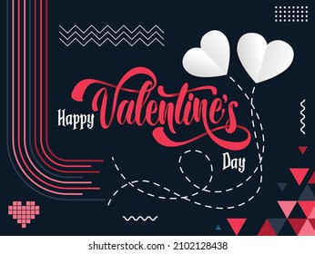 happy valentine day banner with retro calligraphy and love pink red theme modern abstract geometric background. Greeting card with valentine heart icons. 14th of February. Vector illustration