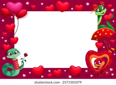 Happy Valentine day banner with snakes and hearts frame, vector background. Valentine Day blank banner for love holiday greeting card, wedding invitation or photo frame with funny snake characters