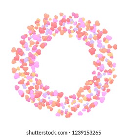 Happy Valentine Day banner. Vector beautiful and romantic round wreath made of little colorful heart shapes in pink and violet colors isolated on white background with copy space.