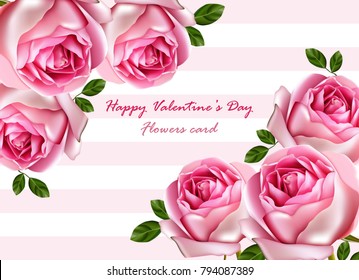 Happy Valentine day. Beautiful roses card Vector. Realistic flowers bouquet detailed illustrations