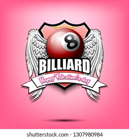 Happy Valentine day. Billiard logo template design. Soccer ball with wings and nimbus. Pattern for banner, poster, greeting card, party invitation. Vector illustration
