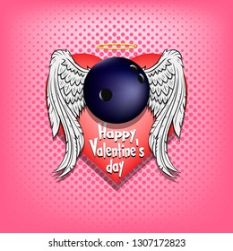 Happy Valentine day. Bowling logo template design. Bowling ball with wings and nimbus. Pattern for banner, poster, greeting card, party invitation. Vector illustration