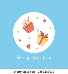 Happy valentine day card - be my valentine. Romantic card with cute sweets and gift.