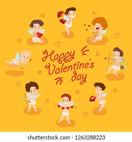 Happy valentine day card with cupid angels. Vector illustration