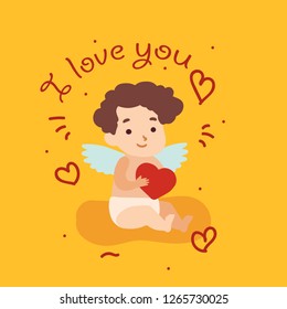 Happy Valentine Day card with cupid angel. Vector illustration