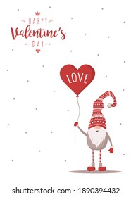 Happy Valentine day card with cute nordic gnome in red hat with air balloon. Season greetings. Vector illustration in cartoon style. Scandinavian vintage postcard.