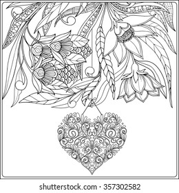 Happy Valentine Day card with Decorative Love Heart and flowers. Coloring book for adult and older children. Coloring page. Outline drawing. Vector illustration.