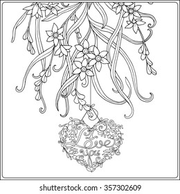 Happy Valentine Day card with Decorative Love Heart and flowers. Coloring book for adult and older children. Coloring page. Outline drawing. Vector illustration.