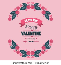 Happy valentine day card design with elegant floral and leaf decorations. Vector