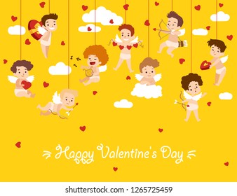 Happy Valentine Day card with hanging cupid angels. Vector illustration