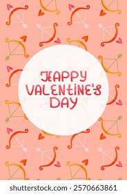 Happy Valentine Day card with pattern of bows and arrows, symbolizing love. For greeting cards, posters, digital art, or festive backgrounds