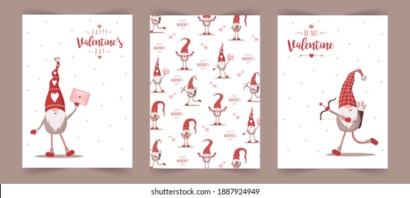 Happy Valentine day cards with cute nordic gnomes in red hats with bow and cupids arrows. Mail with love message. Vector illustration in cartoon style. Scandinavian vintage postcards.