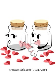 Happy Valentine day. Cartoon bottle keeping red heart on white background vector.
