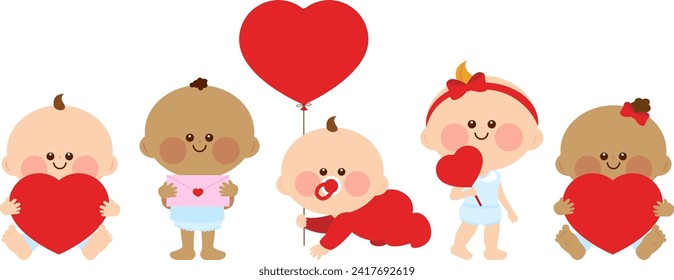 Happy Valentine day celebration babies, baby girls and boys. Cute baby toddlers, baby girls and a baby boys with red heart balloons and gifts. Vector illustration