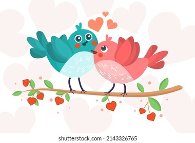 Happy Valentine Day concept. Beautiful cute birds sitting on tree branch and love each other. Colorful animals with hearts. Design element for greeting card. Cartoon modern flat vector illustration