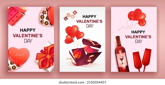 Happy Valentine Day concept. Colorful set of posters with gifts, sweets, red hearts and glasses of wine. Design elements for greeting cards. Cartoon flat vector collection isolated on pink background