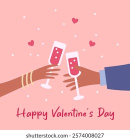 Happy Valentine Day concept. Colorful pink poster with hands holding wine glasses. Love and tenderness. Flat vector illustration.