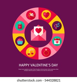 Happy Valentine Day Concept. Vector Illustration of Love Holiday Infographics Circle with Icons.