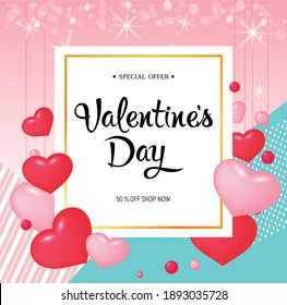 Happy Valentine Day congratulation banner with red and pink heart shapes - vector illustration

