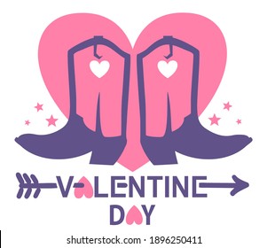 Happy Valentine day Country Farm with Cowboy boots and text heart decoration. Pink vector illustration background isolated on white for card or print