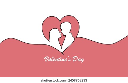 Happy valentine day couple. Continuous line pink heart shape. Vector illustration