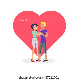 Happy valentine day couple dancing design flat. Love and happy woman and man celebration pair, people romantic. Love is