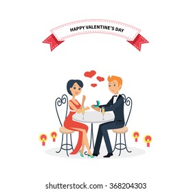 Happy valentine day, couple lover sitting at table. Woman man restaurant, holiday day. Vector illustration.