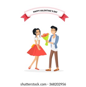 Happy valentine day couple. Man give flower woman. Valentine and day, couple and valentines day, happy valentine, couple in love, young couple, love and happy couple, flower and event illustration