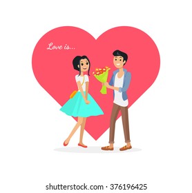 Happy valentine day couple on date. Man give flower woman. Valentine and day, couple and valentines day, happy valentine, couple in love, young couple, love and happy couple, flower and event. Love is