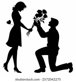 Happy Valentine Day Couple Proposing Flowers Silhouette Perfect for Romantic and Love-Themed Designs