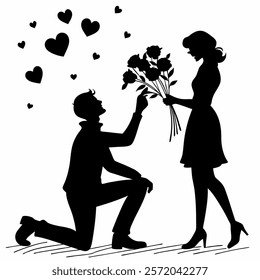 Happy Valentine Day Couple Proposing Flowers Silhouette Perfect for Romantic and Love-Themed Designs