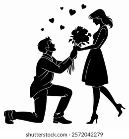 Happy Valentine Day Couple Proposing Flowers Silhouette Perfect for Romantic and Love-Themed Designs