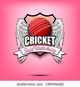 Happy Valentine day. Cricket logo template design. Cricket ball with wings and nimbus. Pattern for banner, poster, greeting card, party invitation. Vector illustration