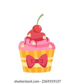 Happy valentine day cupcake concept. Bakery and homemade food. Cake with cherry and jam. Poster or banner for website. Cartoon flat vector illustration isolated on white background