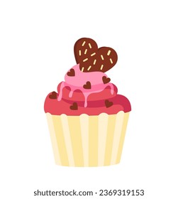 Happy valentine day cupcake concept. Bakery and homemade food. Cake with chocolate heart. Sticker for social networks. Cartoon flat vector illustration isolated on white background