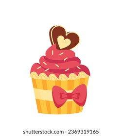 Happy valentine day cupcake concept. Bakery and homemade food. Dessert and delicacy. Romantic gift or present for holiday. Cartoon flat vector illustration isolated on white background