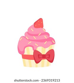 Happy valentine day cupcake concept. Bakery and homemade food. Cake with pink glaze and strawberry. Poster or banner. Cartoon flat vector illustration isolated on white background