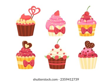 Happy valentine day cupcakes set. Pack of desserts and delicacy with chocolate and berries. Symbol of holidays and festivals. Cartoon flat vector collection isolated on white background