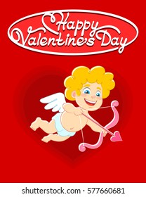 Happy Valentine Day! Cupid ready to shoot arrow. Vector illustration.