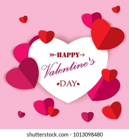Happy Valentine Day With Cut Very Colorful Paper Heart On Pink Background.