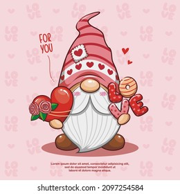 Happy Valentine Day With Cute Gnome Holding Love Heart, Cartoon Illustration